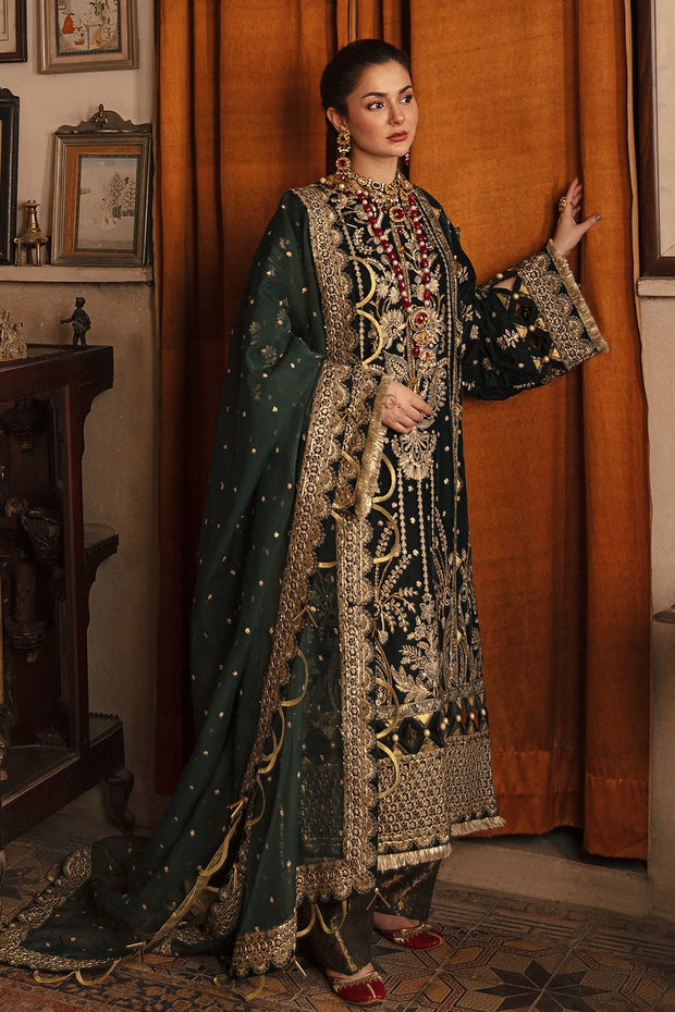 Bottle Green Pakistani Dress with Golden Details Latest