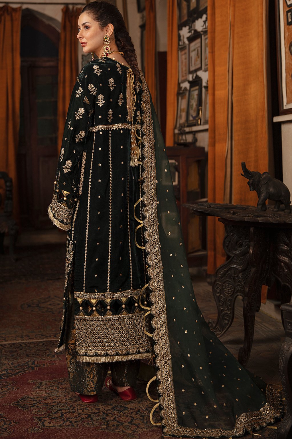 Bottle Green Pakistani Dress with Golden Details Online