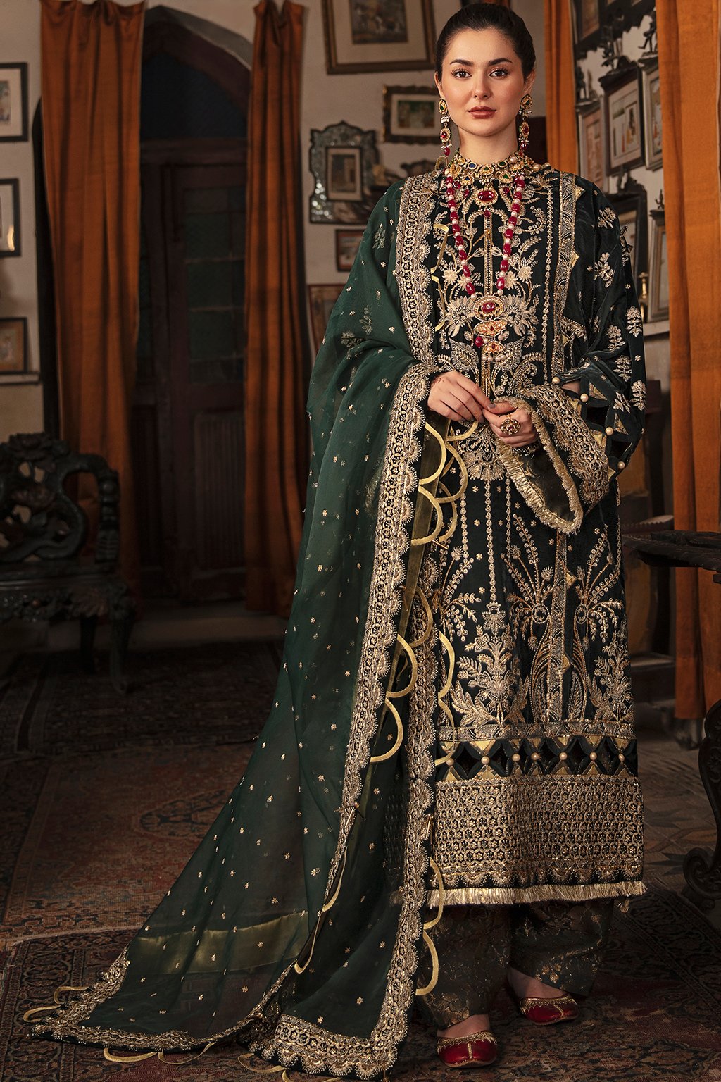 Latest Bottle Green Pakistani Dress with Golden Details Nameera by Farooq Latest Bottle Green Pakistani Dress with Golden Details Nameera by Farooq