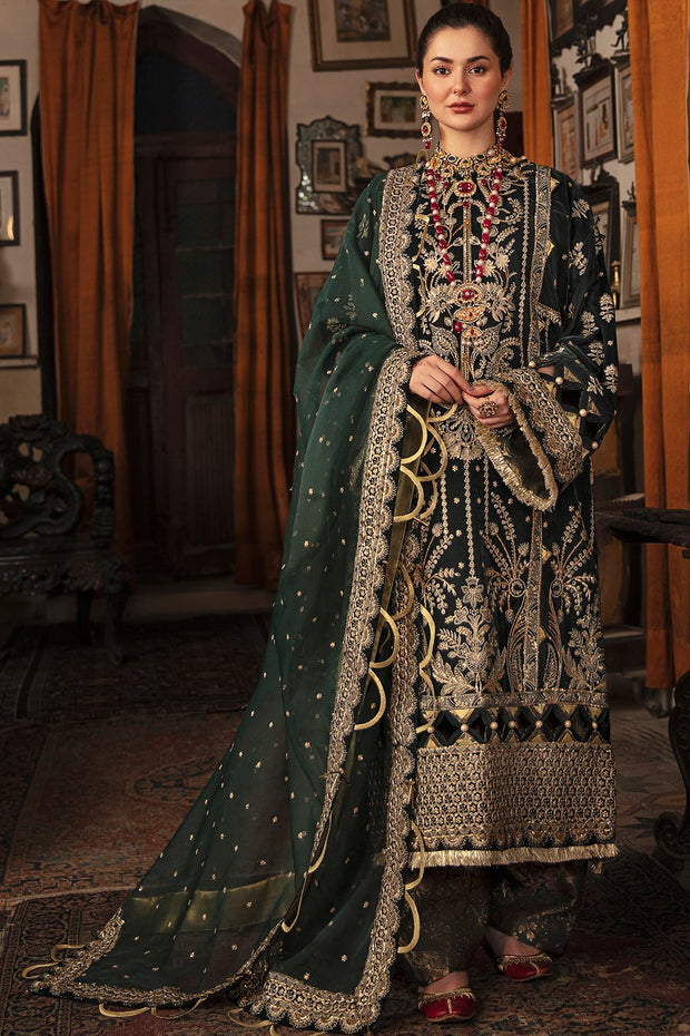 Bottle Green Pakistani Dress with Golden Details