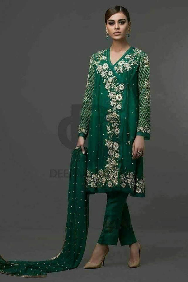 Bottle Green Deepak Parwani Suit Dabka Pearl Dhaga Hand Work