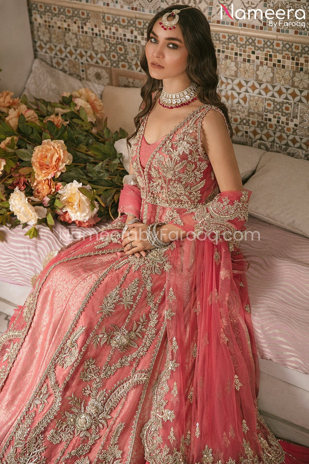 Bridal Coral Pink Lehenga with Front Open Kameez Dress