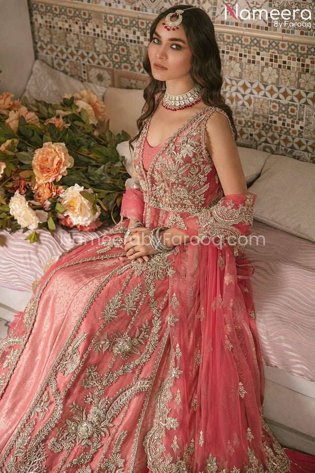 Pakistani Coral Pink Lehenga with Front Open Kameez Dress MEDIUM