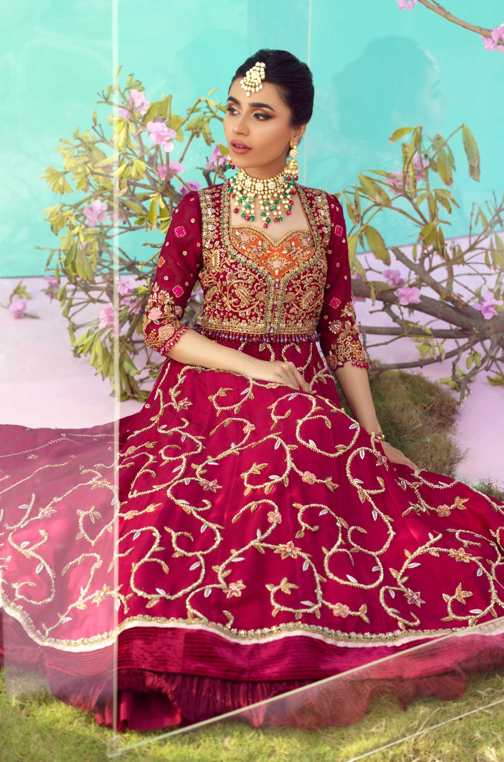 Elegant Red Pakistani Bridal Dress - Gown & Lehenga Style