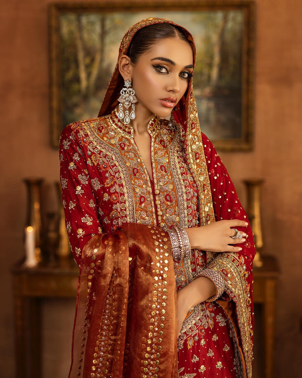 Bridal Farshi Gharara with Embellished Red Kameez and Dupatta