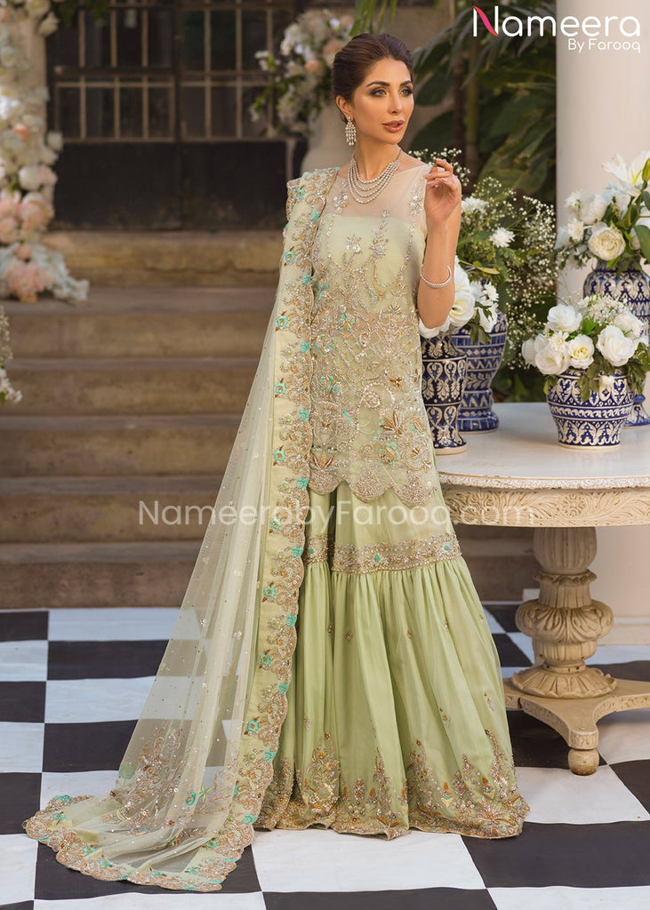 Bridal Gharara with Kameez Dress in Mint Green Color Online