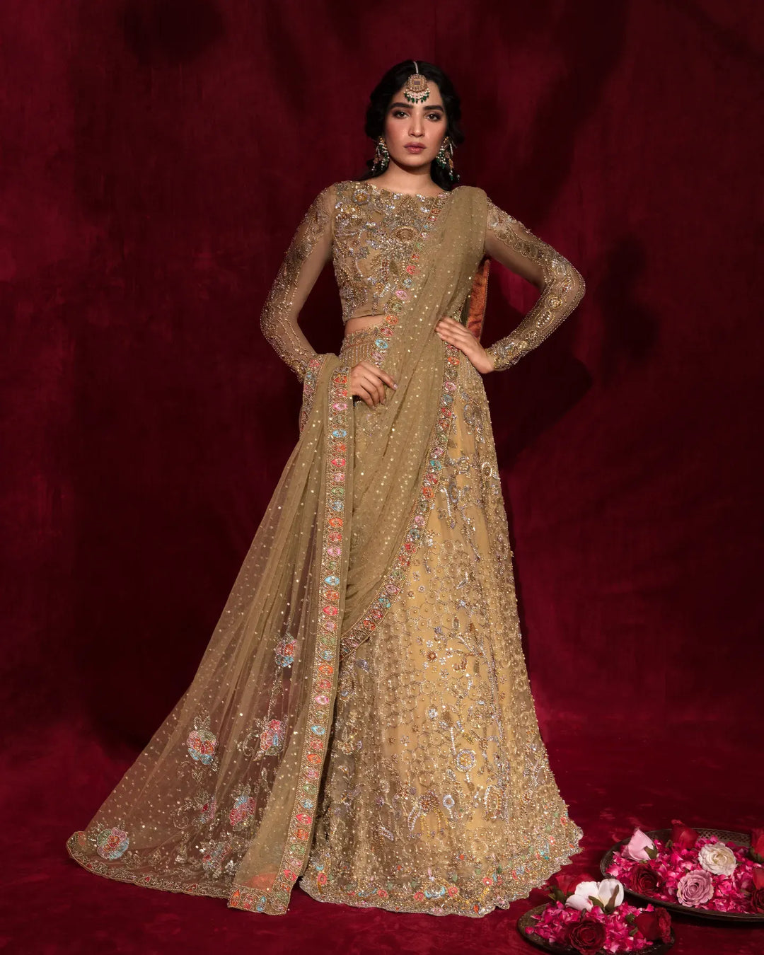 Elegant Pakistani Bridal Gold Lehenga Choli & Dupatta Set