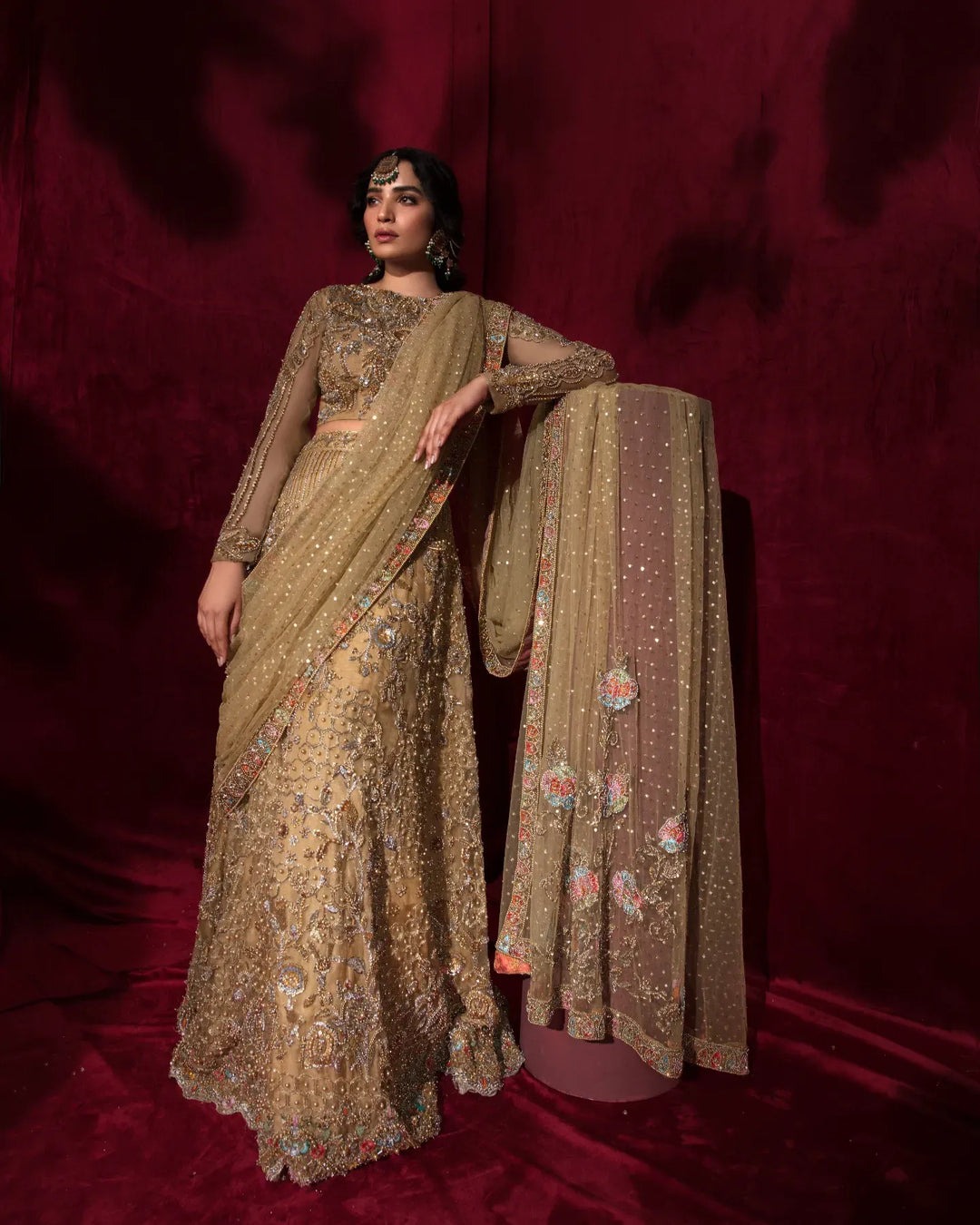 Elegant Pakistani Bridal Gold Lehenga Choli & Dupatta Set