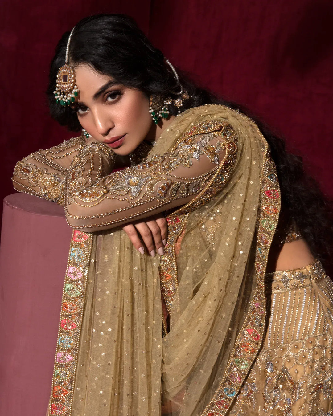 Elegant Pakistani Bridal Gold Lehenga Choli & Dupatta Set