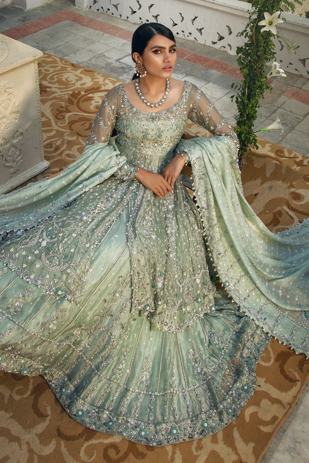 Bridal Green Masoori Lehenga with Front Open Frock