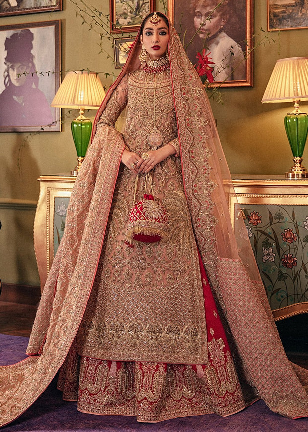 Bridal Heavy Lehnga Outfit in Peach and Red Color