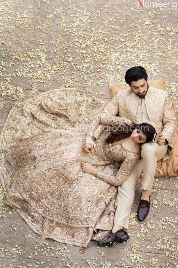 Embellished Bridal Ivory and Gold Wedding Dress with Lehenga Nameera by Farooq Embellished Bridal Ivory and Gold Wedding Dress with Lehenga Nameera by Farooq
