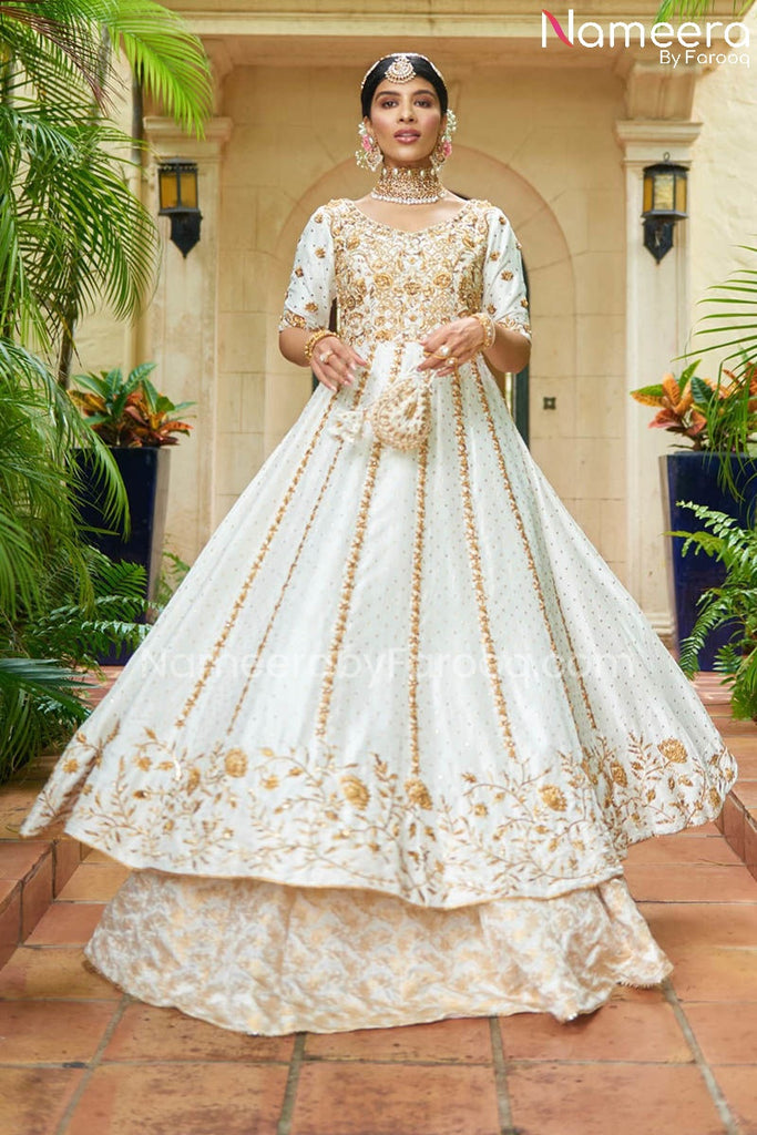 white and gold pakistani dress White and Gold Dress Pakistani in Pishwas Style #WS709