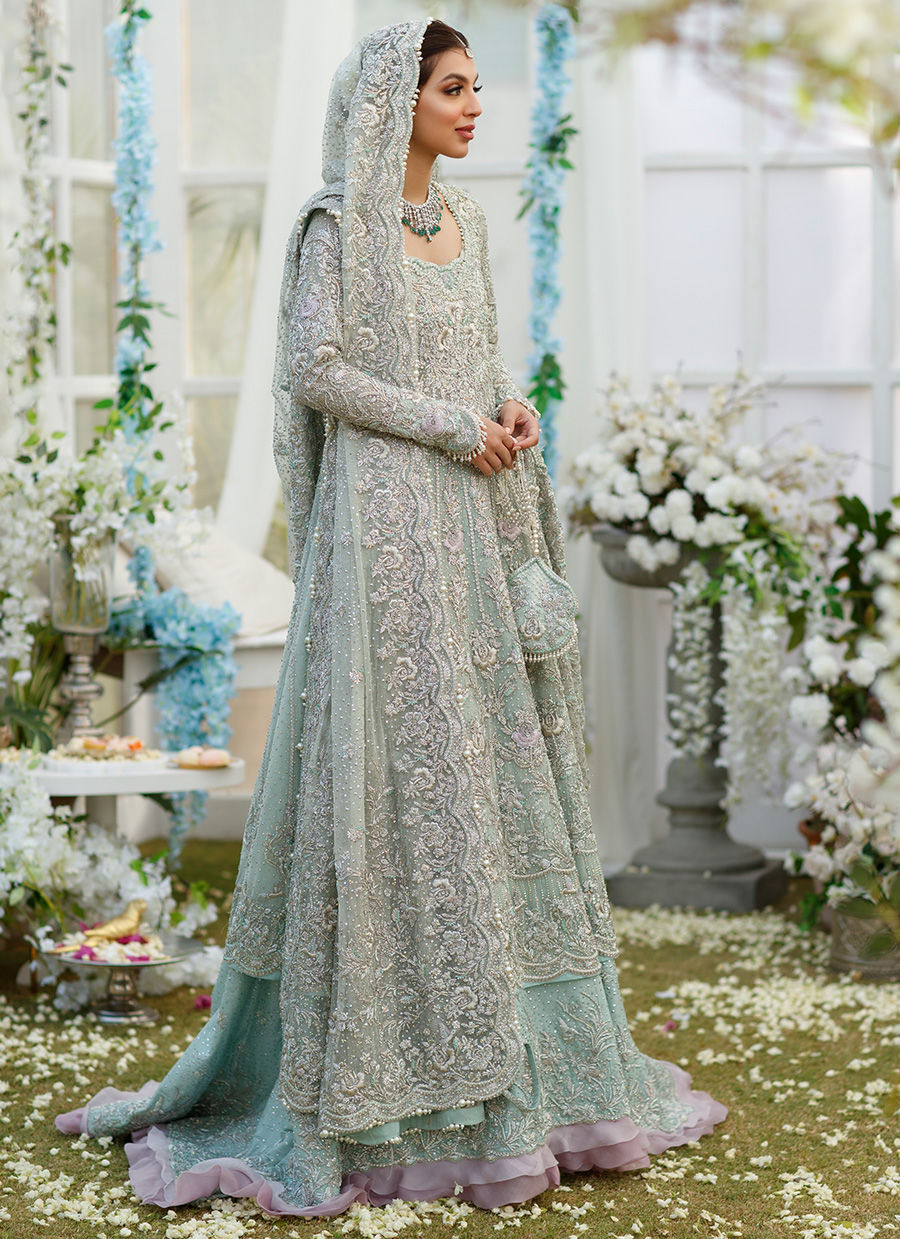 Designer Aqua Bridal Lehenga Gown for Indian Bridal Wear – Nameera by Farooq