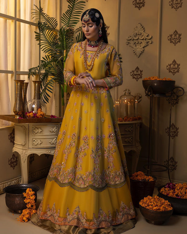 Bridal Lehenga and Pishwas Yellow Mehndi Dress