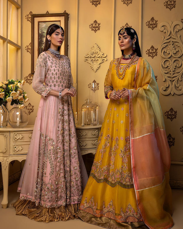 Bridal Lehenga and Pishwas Yellow Mehndi Dresses