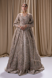 Bridal Lehenga in Jamawar with Front Open Ivory Pakistani Wedding Gown and Dupatta Dress Online