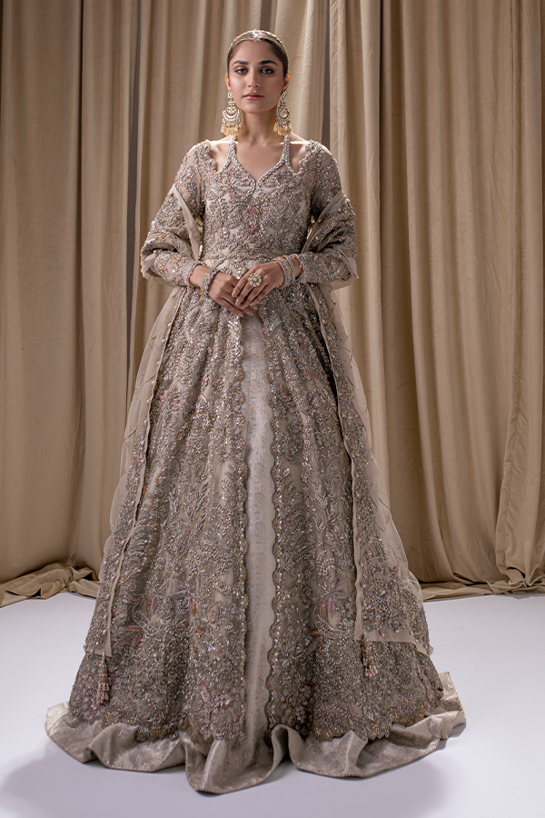 Bridal Lehenga in Jamawar with Front Open Ivory Pakistani Wedding Gown and Dupatta Dress Online