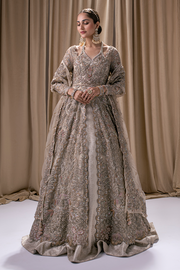 Bridal Lehenga in Jamawar with Front Open Ivory Pakistani Wedding Gown and Dupatta Dress