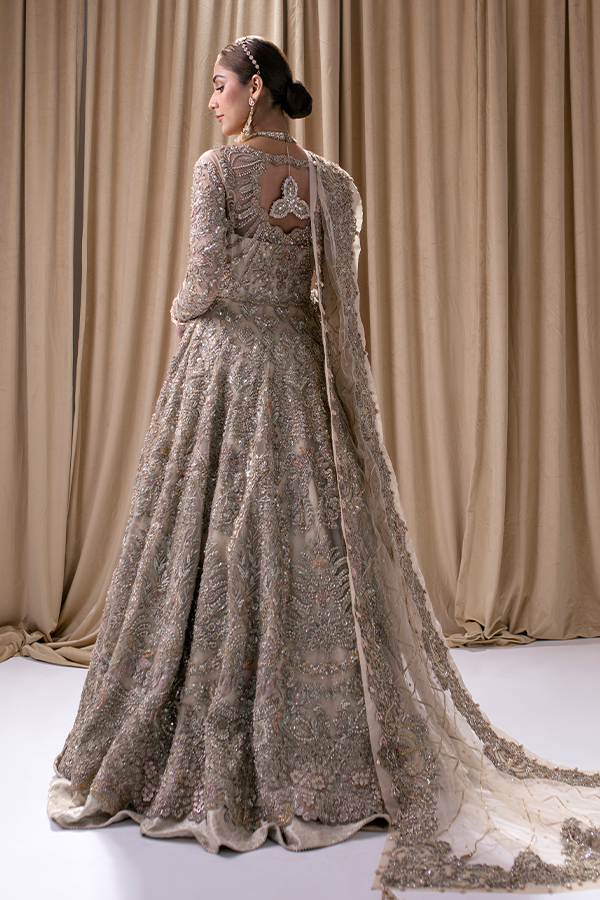 Bridal Lehenga in Jamawar with Front Open Ivory Pakistani Wedding Gown and Dupatta