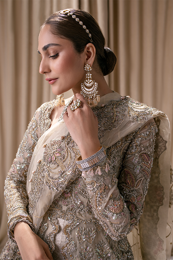 Elegant Pakistani Bridal Lehenga with Jamawar Gown