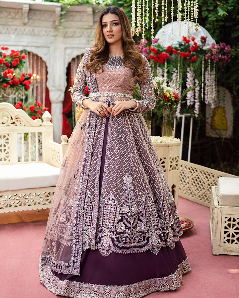 Elegant Pakistani Bridal Lehenga with Front Open Gown Design