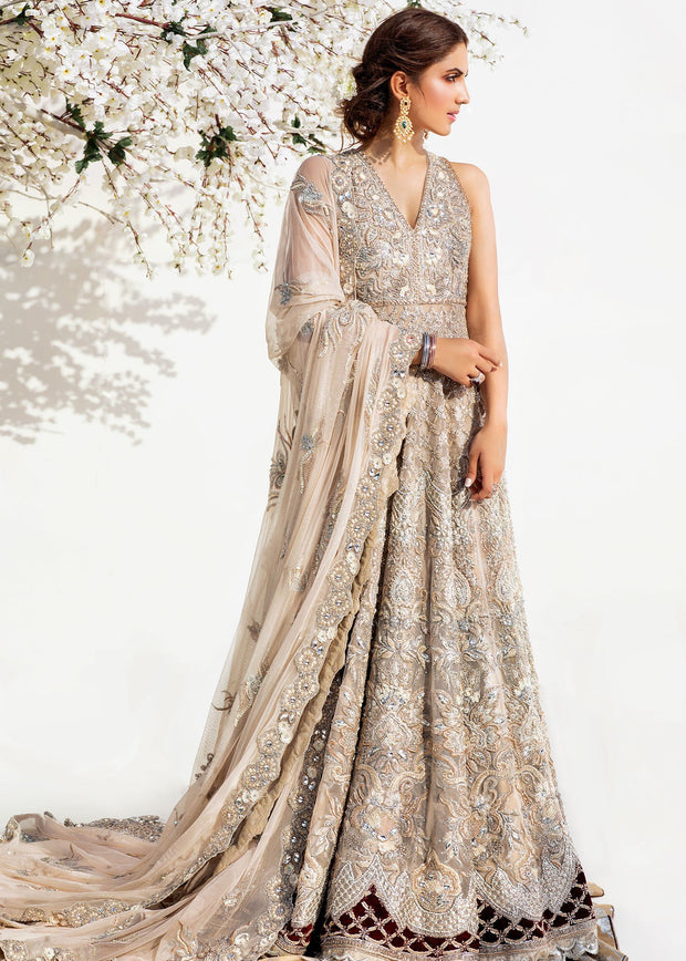 Bridal Long Maxi with Lehnga in Silver Color