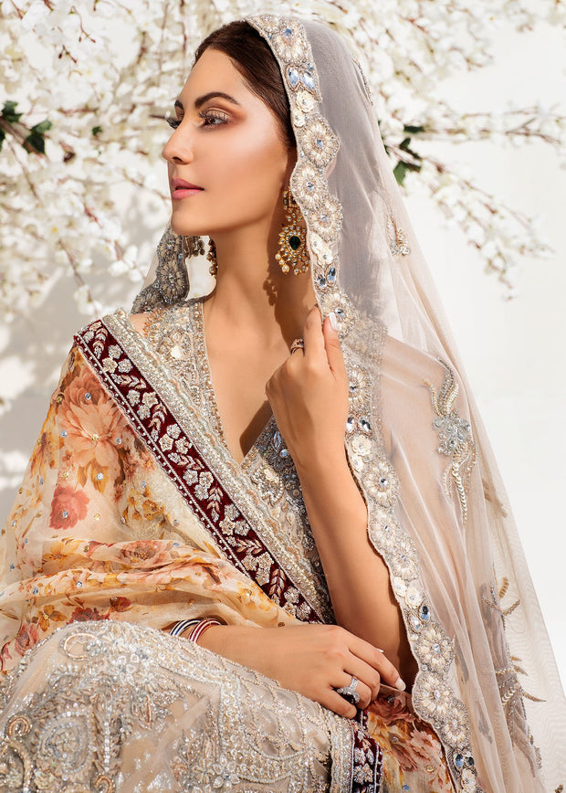 Bridal Long Maxi with Lehnga in Silver Color Close Up