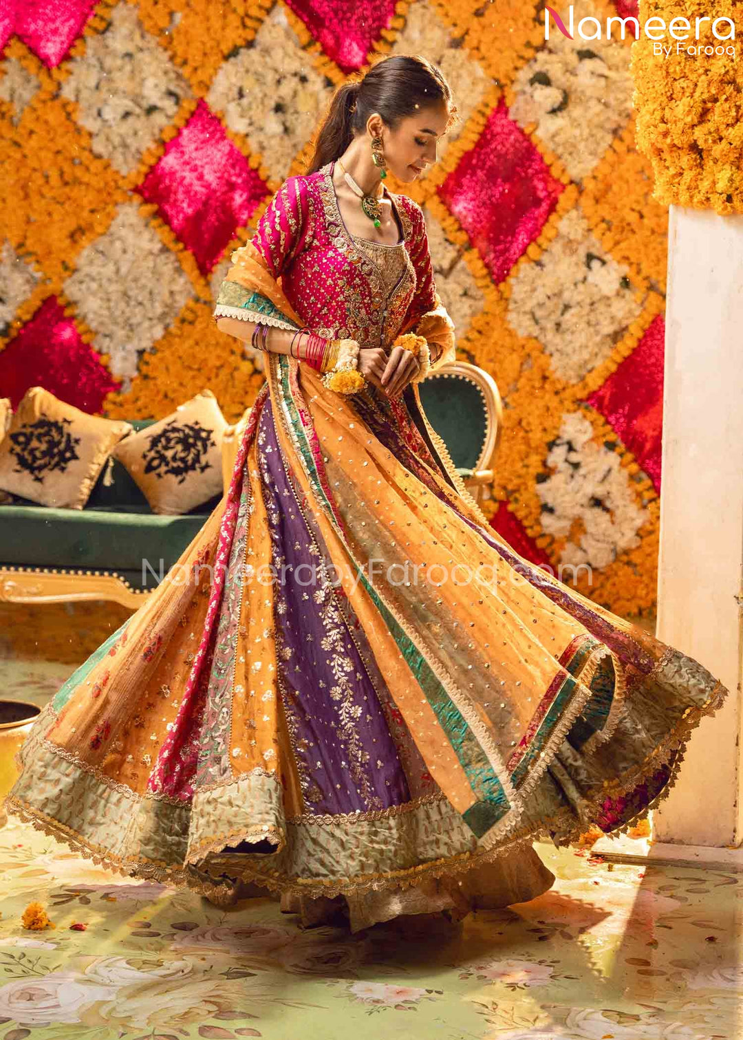 Multi-Color Mehndi Dress in Traditional Pishwas Style Online Nameera by Farooq Multi-Color Mehndi Dress in Traditional Pishwas Style Online Nameera by Farooq