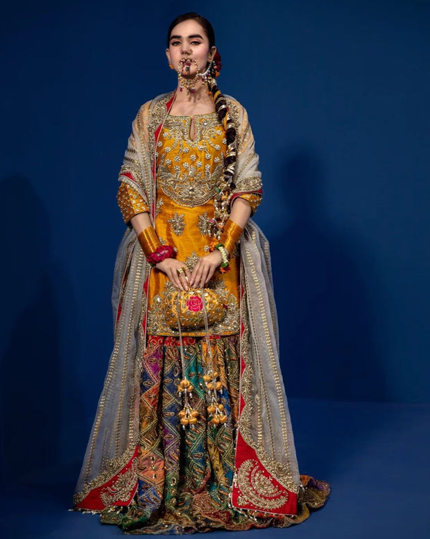 Bridal Mehndi Dress in Sharara Kameez Dupatta Style