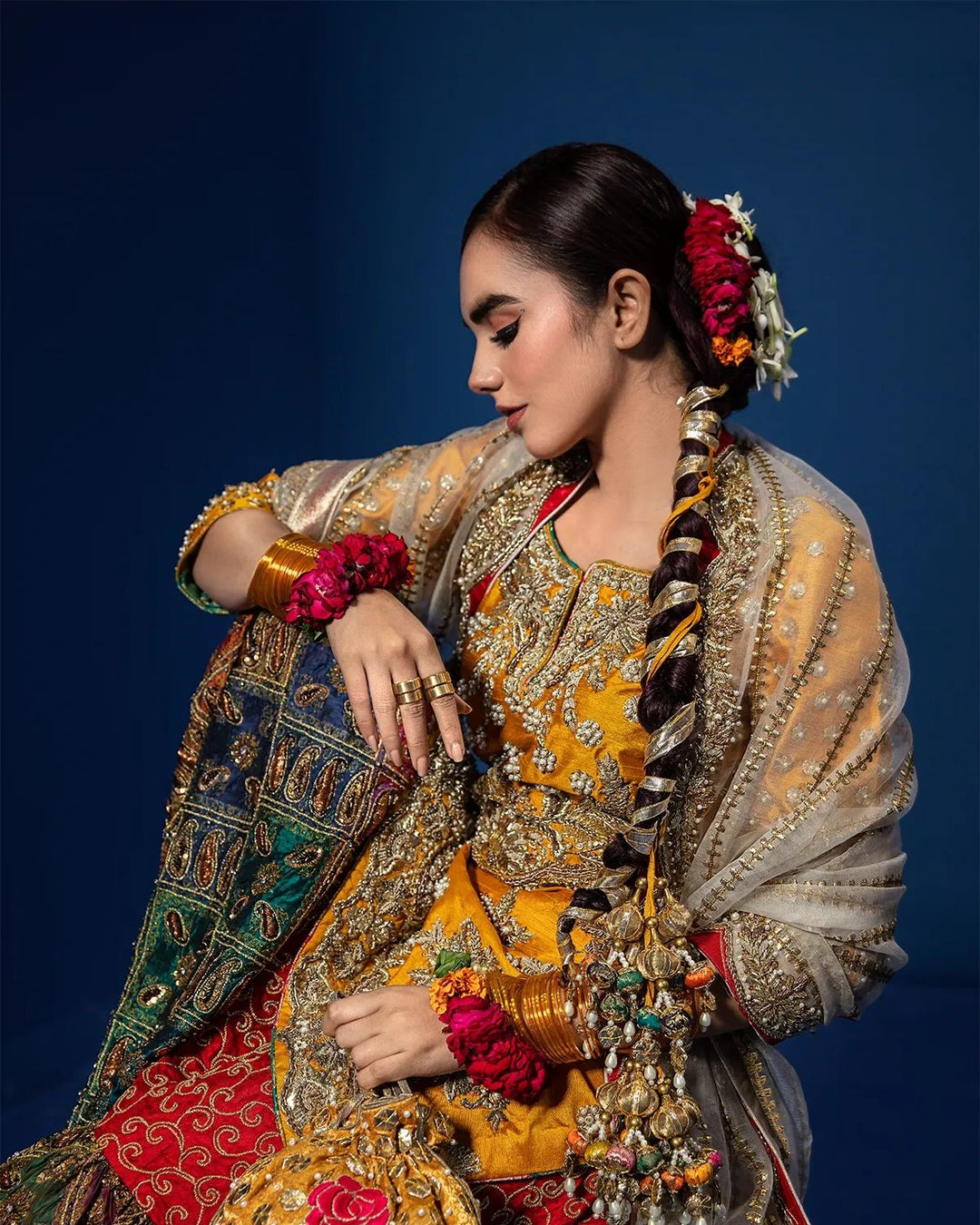 Bridal Mehndi Dress in Sharara Kameez and Dupatta Style