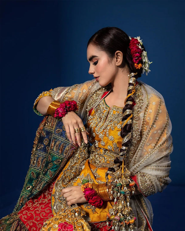 Bridal Mehndi Dress in Sharara Kameez and Dupatta Style