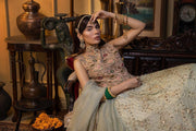 Bridal Peach Choli with Lime Green Lehenga Dress Online