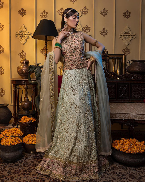 Bridal Peach Choli with Lime Green Lehenga Dress