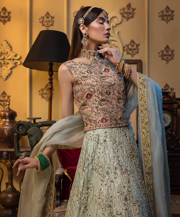 Bridal Peach Choli with Lime Green Lehenga