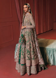 Bridal Pishwas Frock with Green Lehenga and Dupatta