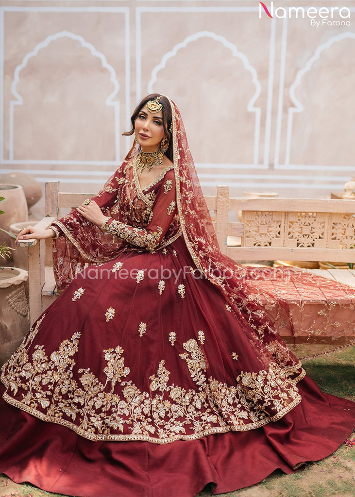 Pakistani Bridal Pishwas Dress in Classic Burgundy Color MEDIUM Pakistani Bridal Pishwas Dress in Classic Burgundy Color MEDIUM