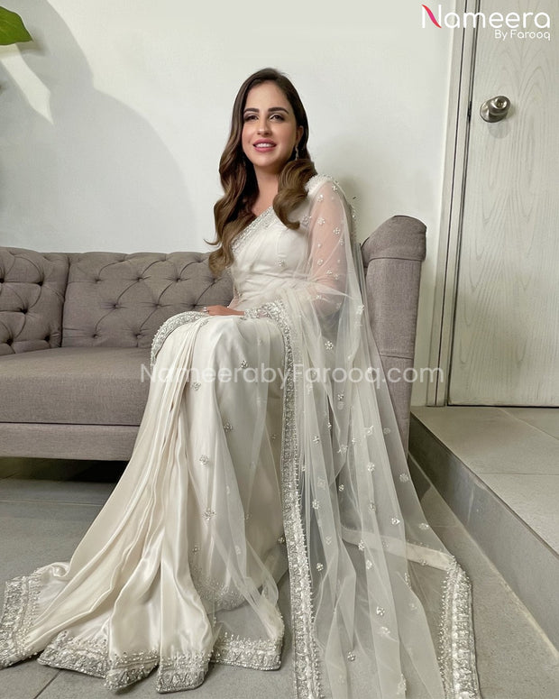 Pakistani Bridal Off White Saree in Net Fabric Online 2021