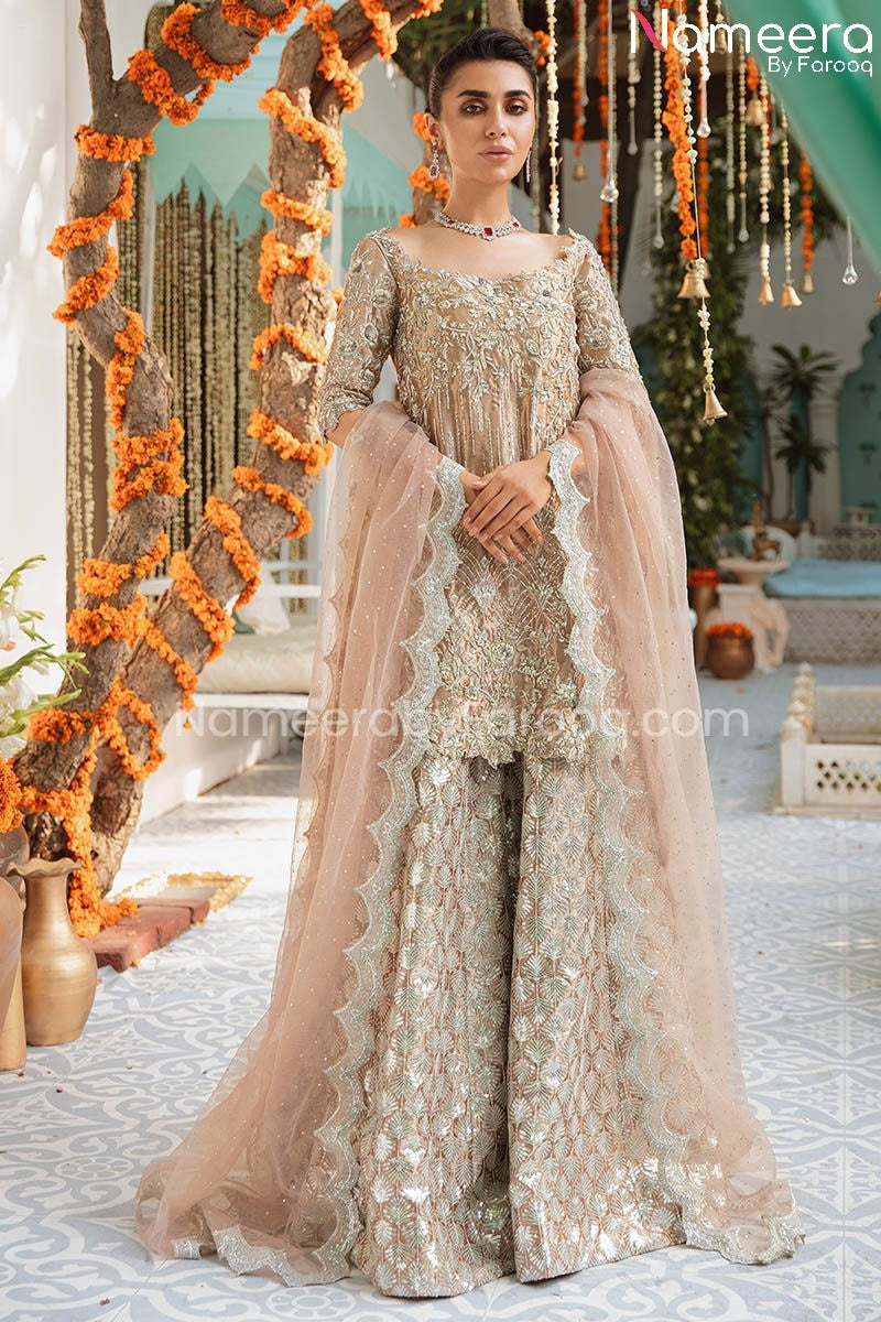 sharara dress Rose Gold Bridal Sharara with Short Shirt Dress in Tissue – Nameera by Farooq