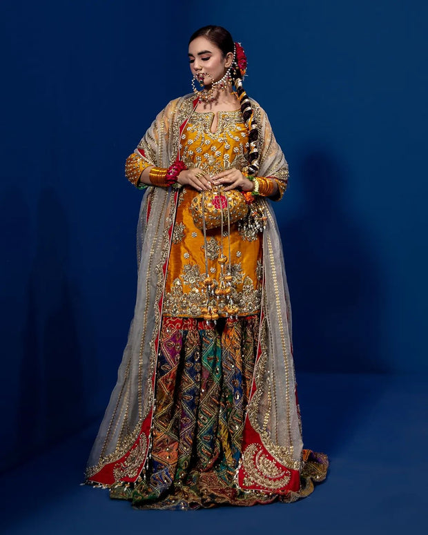 Bridal Yellow Mehndi Dress in Sharara Kameez Dupatta Style