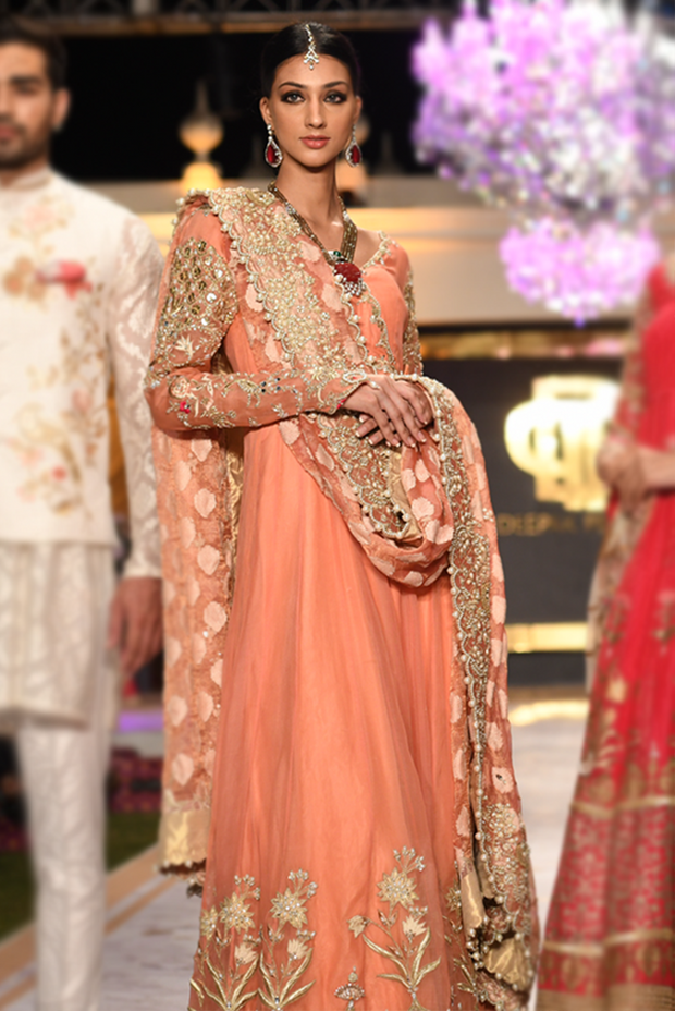 Beautiful Pakistani bridal anarkali dress embroidered in peach color