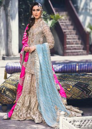 Latest bridal gharara dress for wedding wear in peach gold color