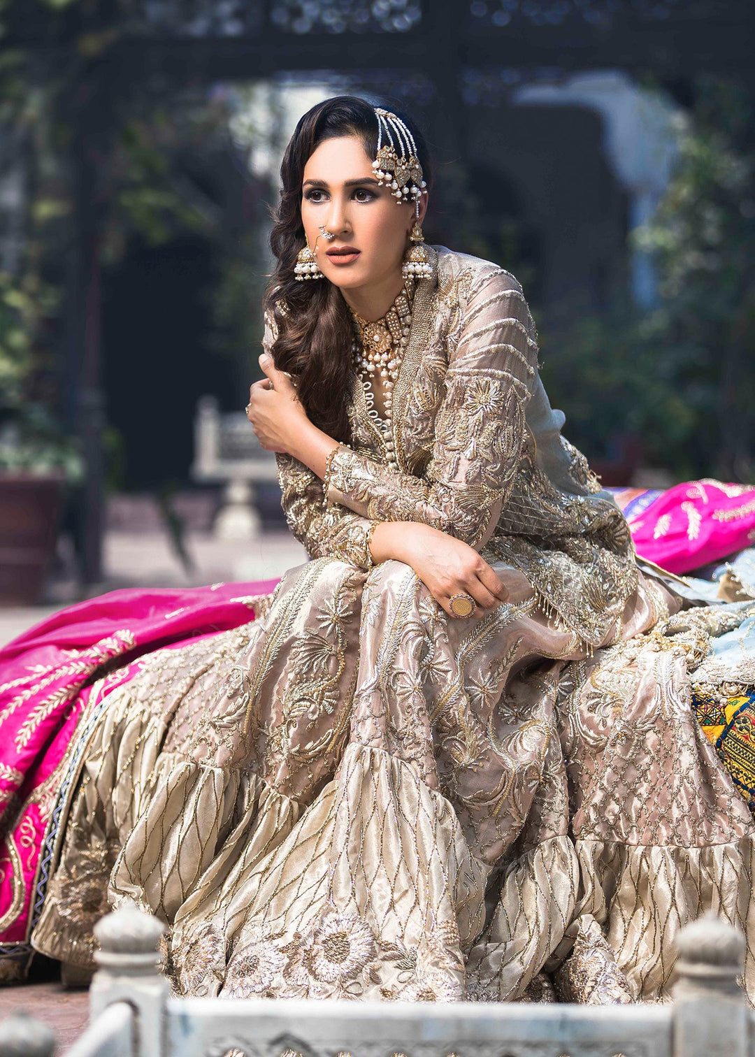 Latest bridal gharara dress for wedding wear in peach gold color # B3401