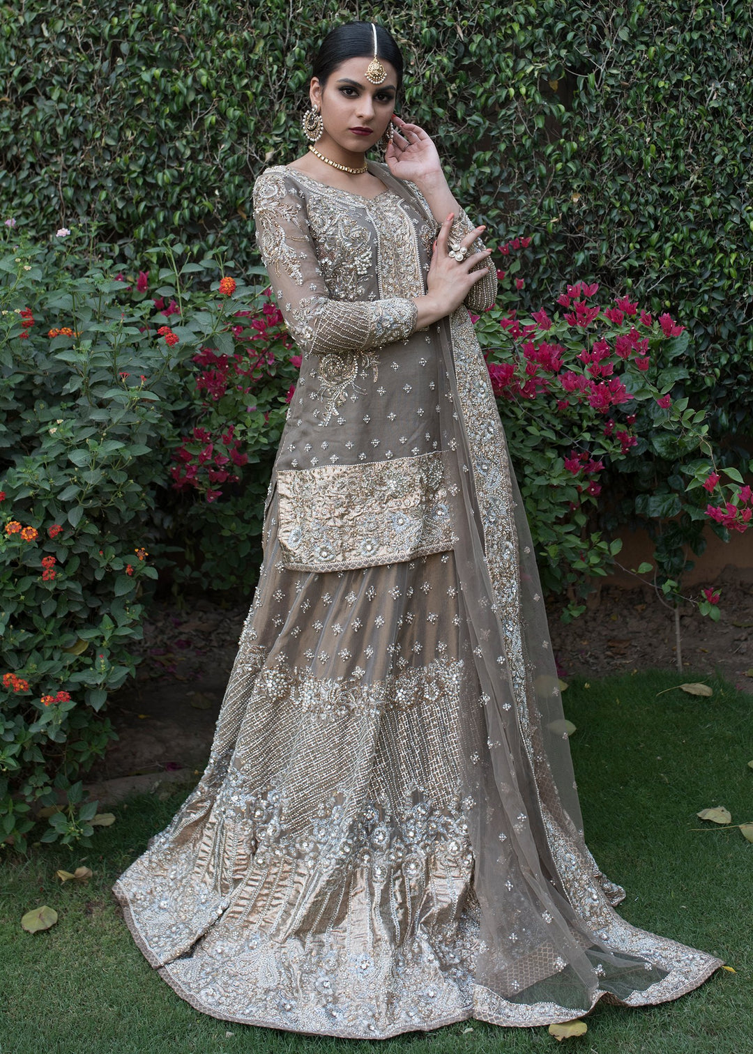 Beautiful designer embroidered bridal lehnga dress in grey color 