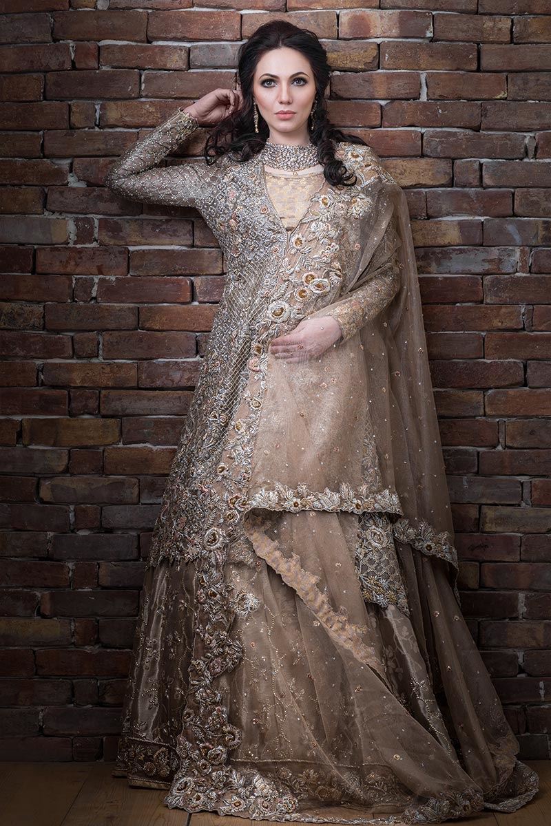 Elegant Pakistani bridal lehnga outfit in copper color # B3315