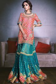 Beautiful bridal mehndi lehnga in orange and turquoise color # B3312