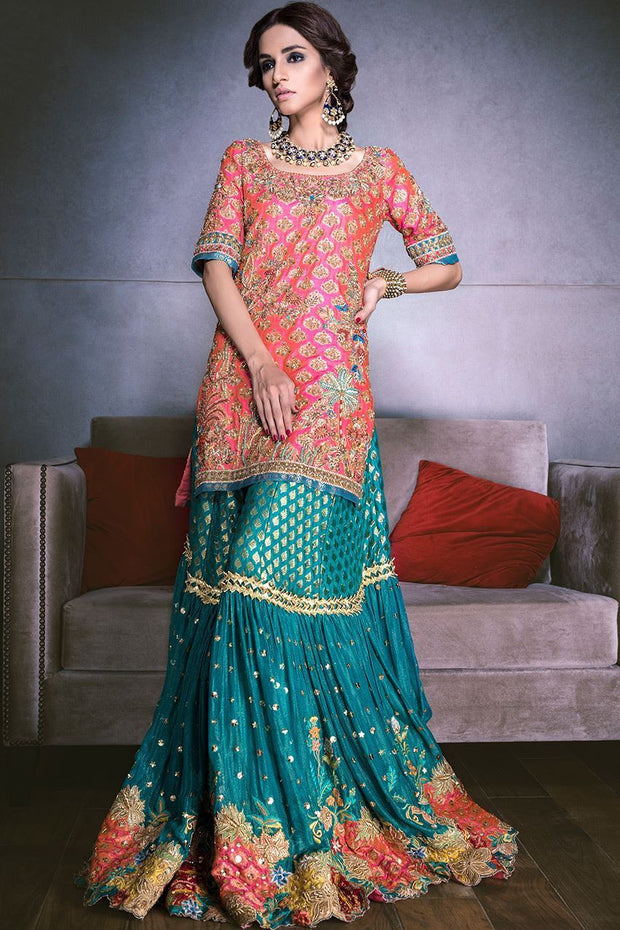 Beautiful bridal mehndi lehnga in orange and turquoise color # B3312