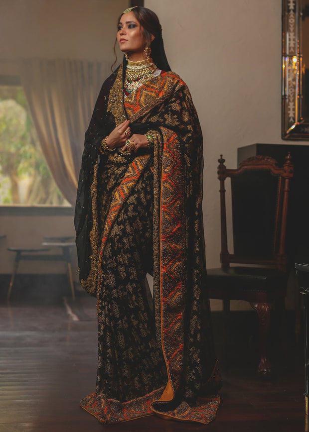Designer bridal saree with multi work in black color