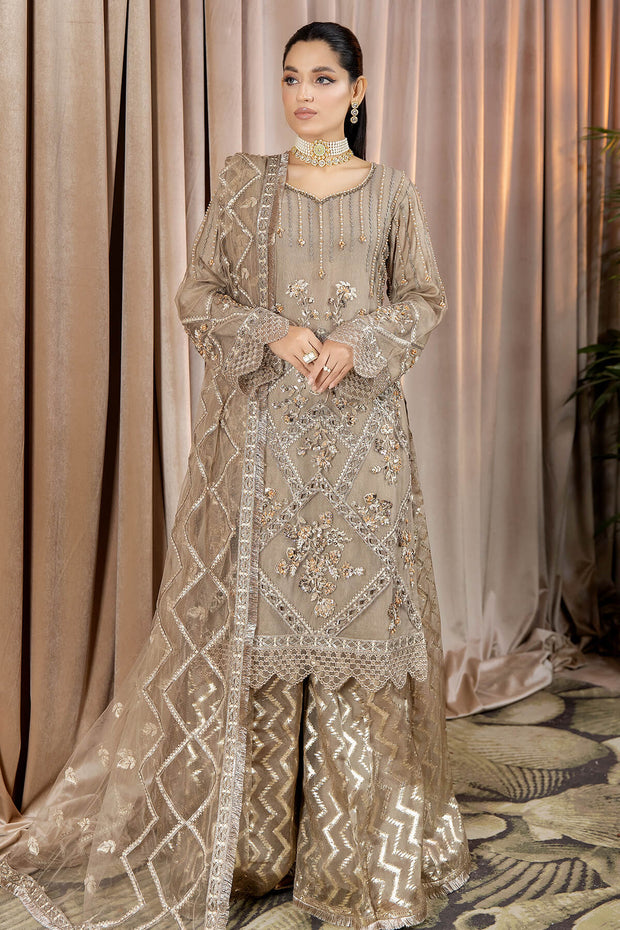 Brown Heavily Embellished Kameez with Sharara Pakistani Party Dress