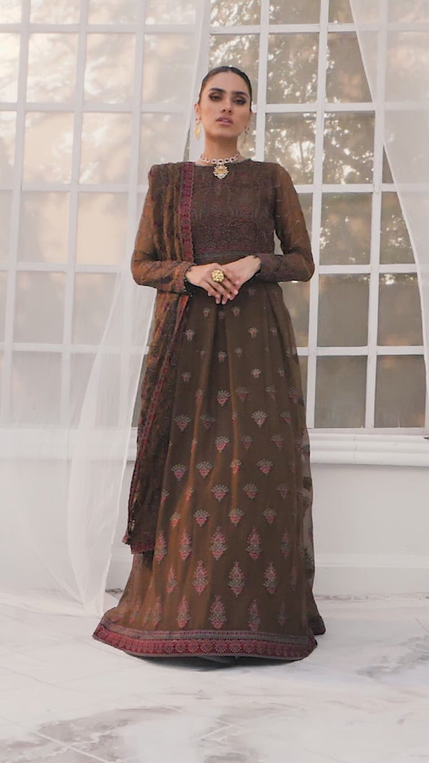 Brown Pakistani Embroidered Frock with Dupatta Party Wear